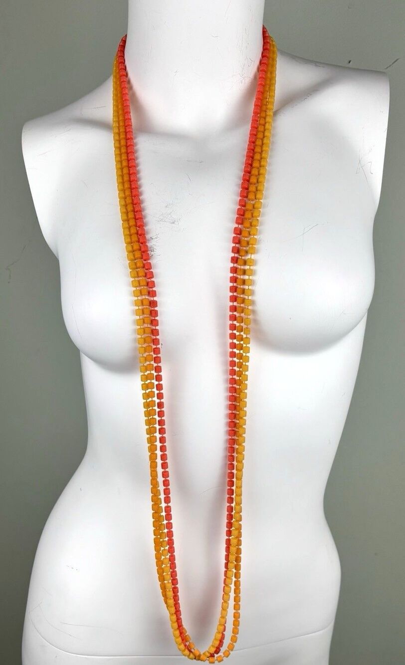 VTG 60s Hong Kong 3-Strand Plastic 47” Beaded Necklace Yellow & Orange